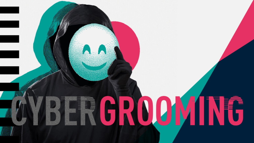 Vermummte Person mit Smiley-Maske und Schriftzug Cyber Grooming als Symbol für gefährliche Online-Kontakte, Kindesmissbrauch im Netz und Schutz von Kindern