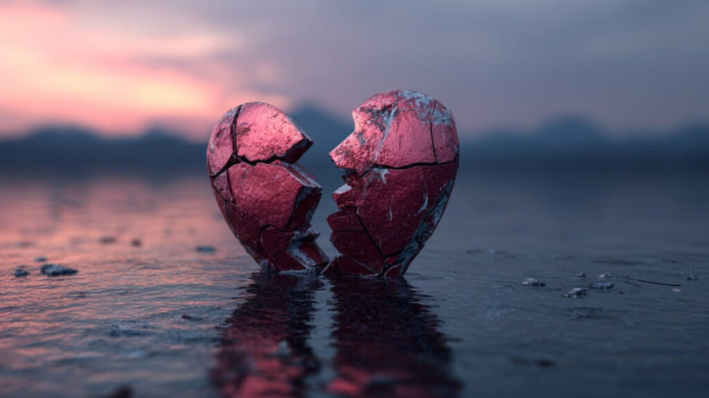 Zerbrochenes rotes Herz vor Sonnenuntergang als Symbol für den Vergleich von Redis und Valkey als In-Memory-Cache im Jahr 2025